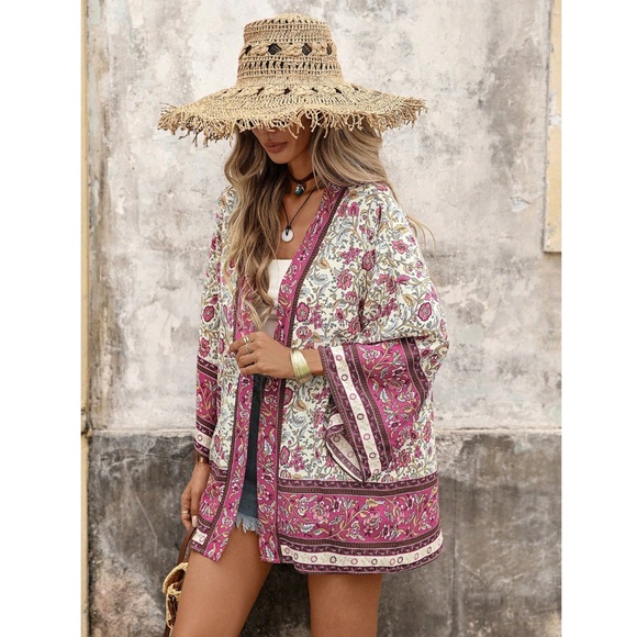 Floral Boho Kimono Style Open Coverup Batwing Sleeve - Picture 4 of 14
